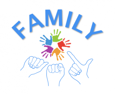 Family ASL Logo: Blue block letters say FAMILY, under this there is a circle of colorful handprints, then line drawings of hands spelling out "A" "S" "L"